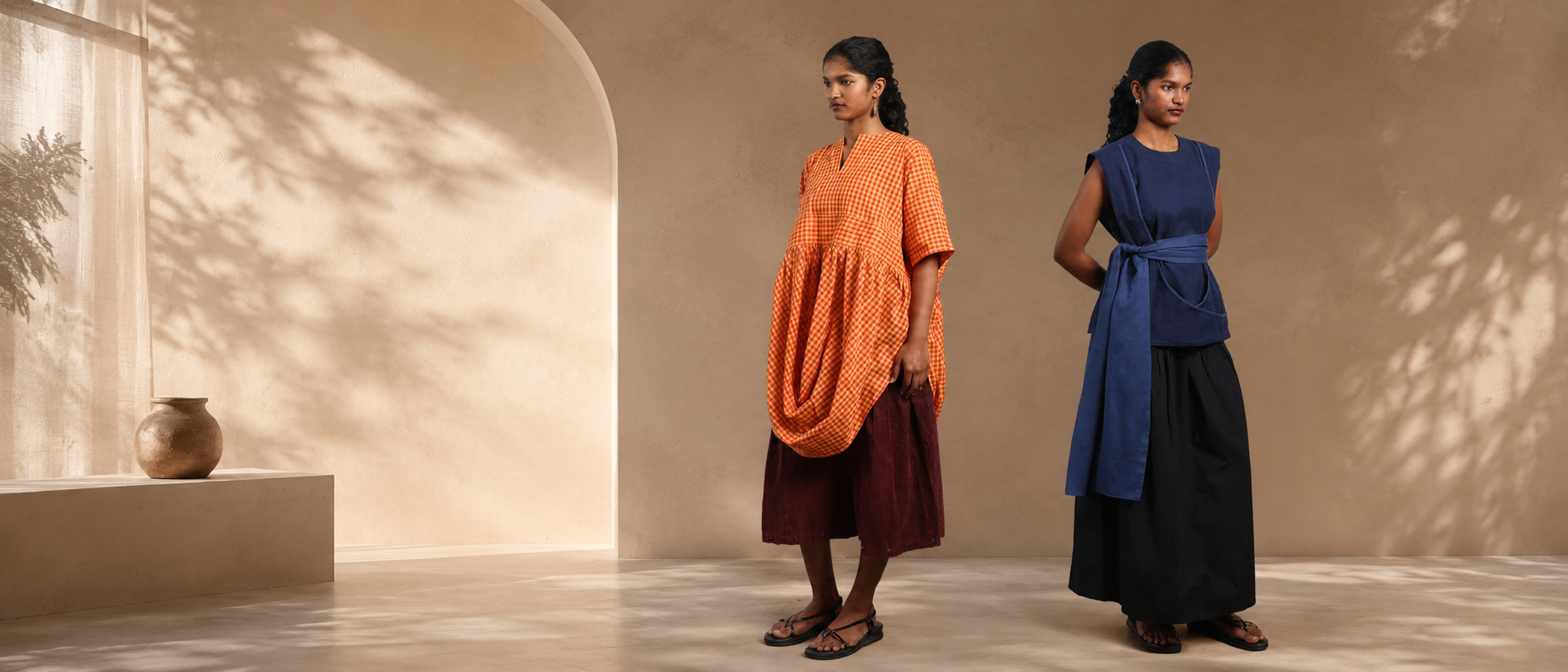 Woman in a relaxed Murkee dress standing in soft summer light
